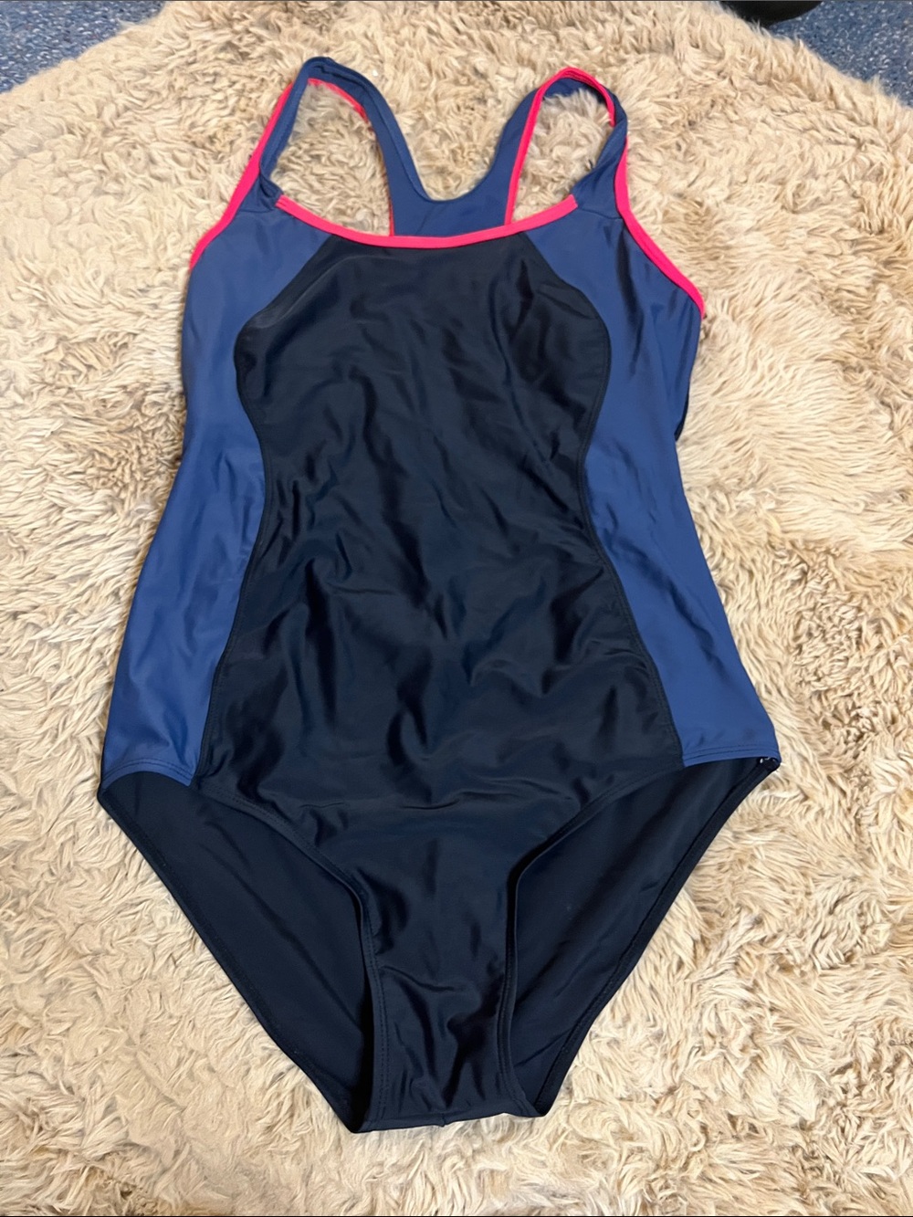 Black and Navy One-Piece Swimsuit with Red Trim - Size XXXL